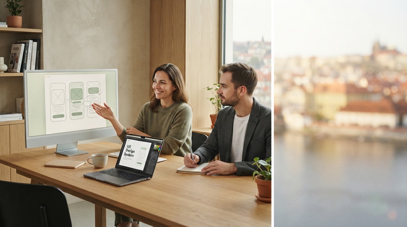 Větorálek UI — domácí kancelář s minimalistickým dashboardem na obrazovce laptopu
